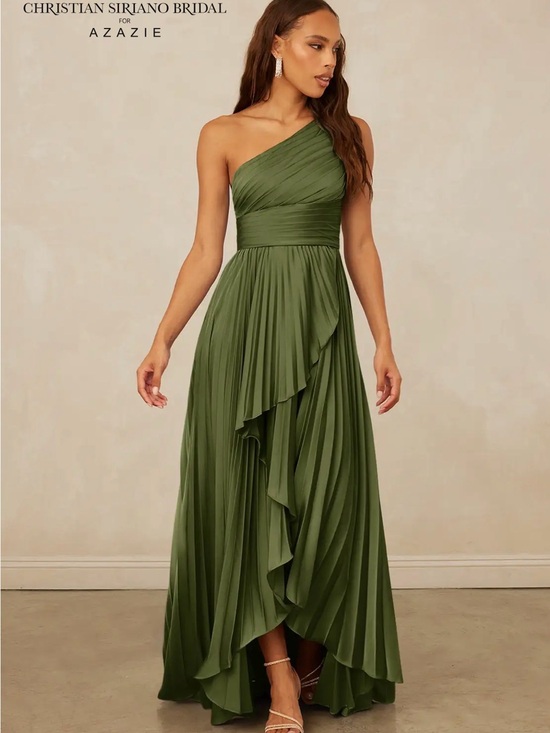 Christian Siriano Dresses & Skirts - Christian Siriano Olive Green One-Shoulder Pleated Maxi Gown